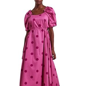 Dotty Blouson-Sleeve Cutout Midi Dress